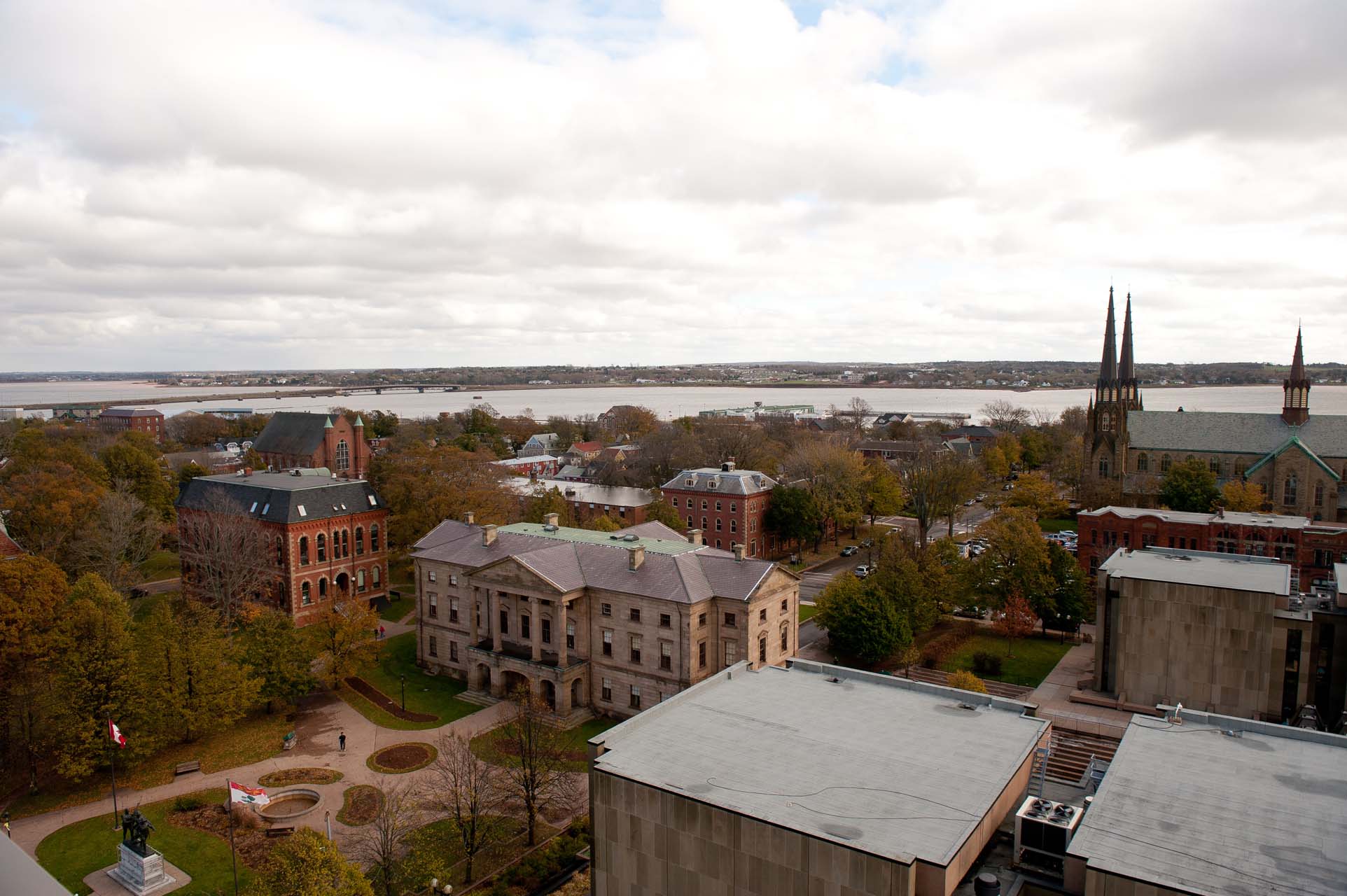 A view of the city and river from the balcony
