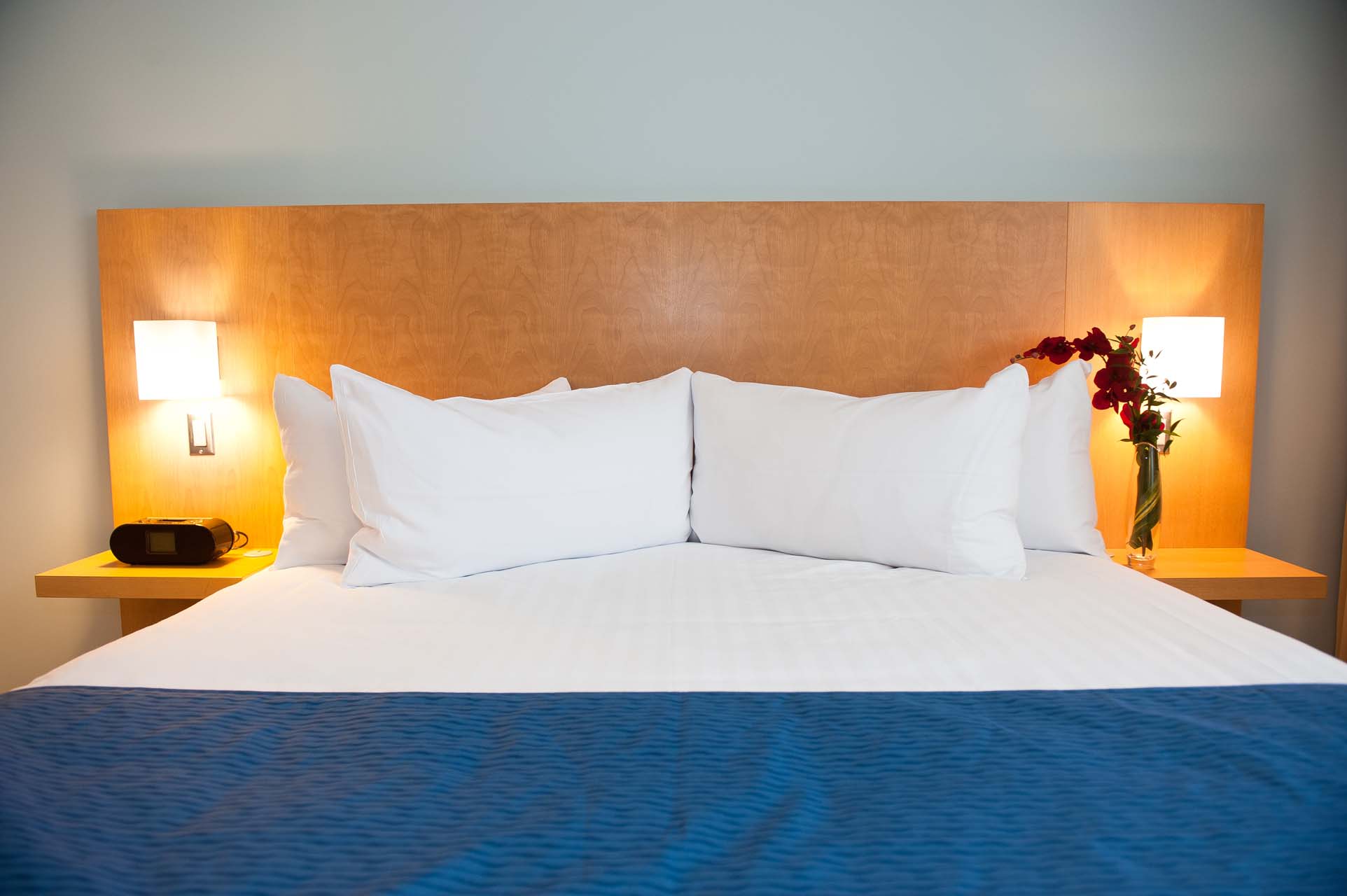 Closeup of a king bed with two pillows