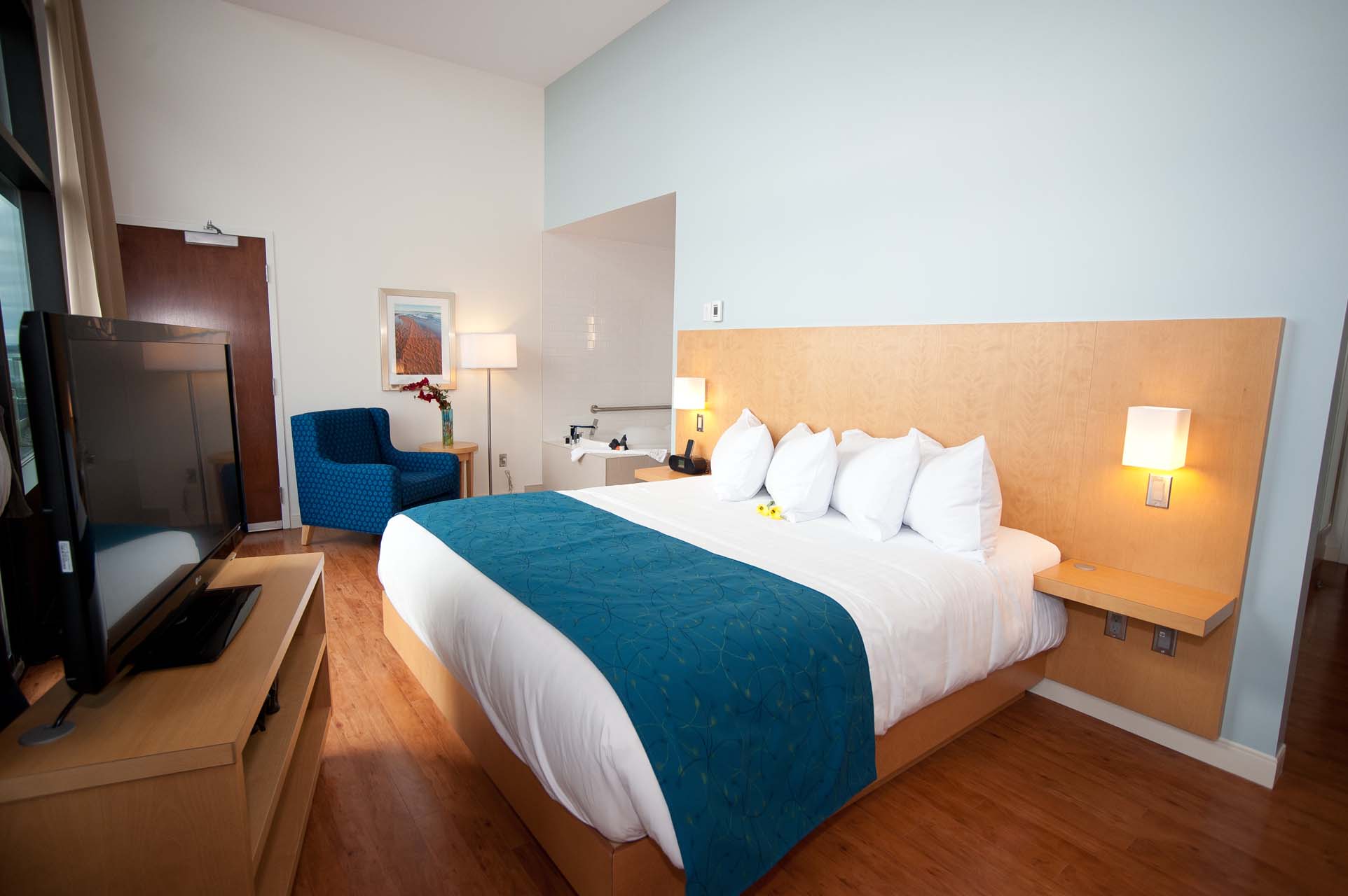Guest room with a king bed and a TV