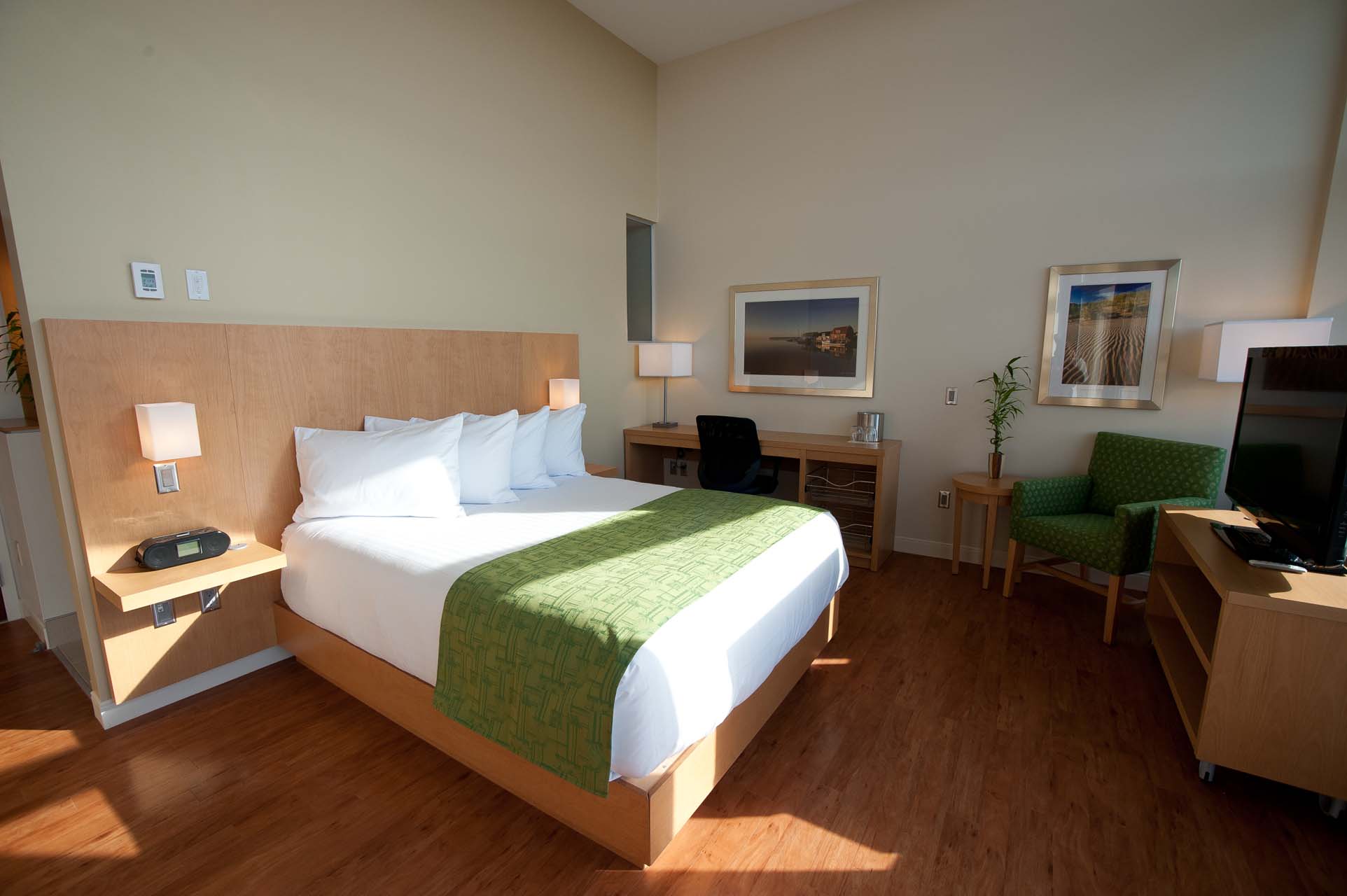 Guest room with a queen bed, TV, and desk